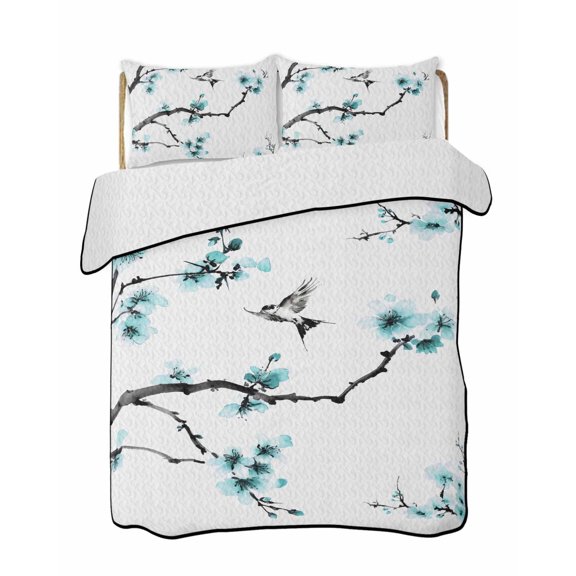 Spring Plant 3 Piece Quilt Bedding Set with 2 Pillow Shams, Blue Cherry Blossoms Gradient Floral Bird Lightweight Bedspread Coverlet, Soft Breathable All Season Quilt, 96 x 106 Inch