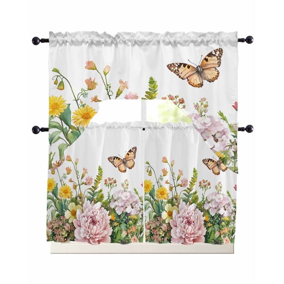 Spring Plant 3 Piece Swag Kitchen Curtains Set Watercolor Pink Daisy Flower Butterfly Valance and Tier Curtains 24 In Long, 56" x 36" Window Topper for Cafe Bathroom Bedroom