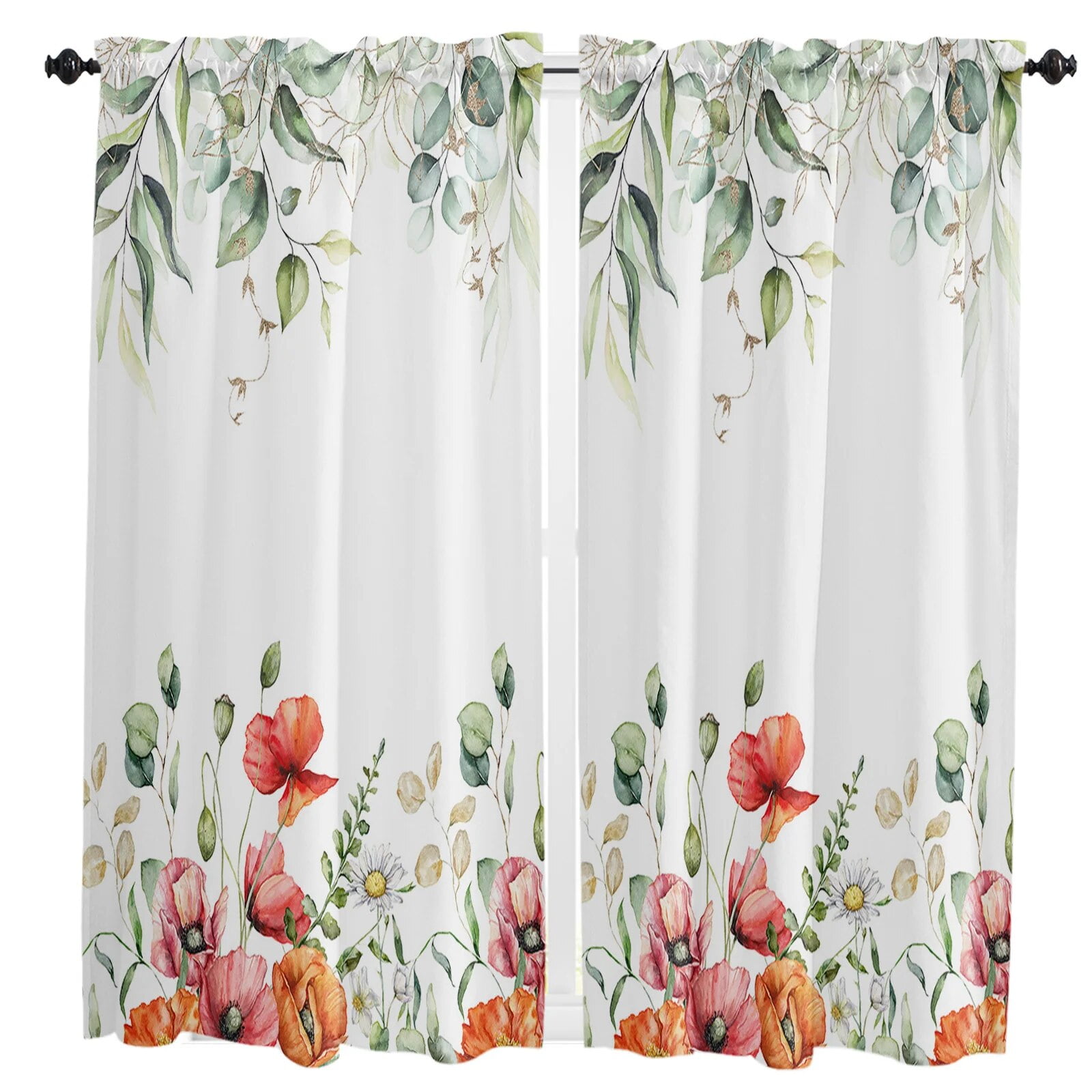 Spring Plant Daisy Eucalyptus Poppy Flower Rod Pocket Short Curtain HalfCurtain For Home
