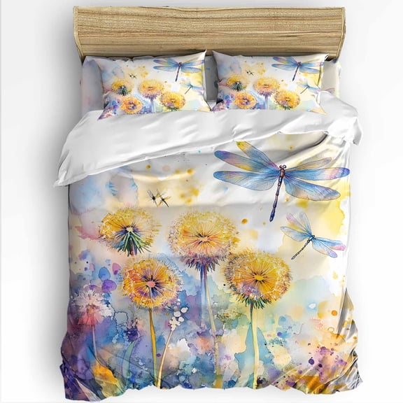 Spring Plant Dragonfly Queen Size Comforter Set, Yellow Pastoral Flowers Soft Bedding for All Seasons, 4 Pcs Bed Set with 1Comforter (90"x92") ,1 Sheet(94"x116"), 2 Pillowcases (19"x29")