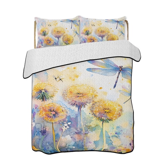 Spring Plant Dragonfly Quilts Bedding Set California King Yellow Pastoral Flowers Lightweight Quilted Bedspread 3 Piece Bed Quilt with 2 Pillow Shams All Season for Bedroom 96" x 106"