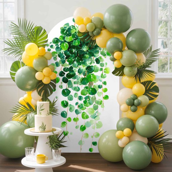 Spring Plant Fantasy Arch Backdrop Cover, 4FT, Watercolor Gradient Green Eucalyptus Leaf Spandex Arch Covers Double-Sided Backdrop for Wedding Birthday Party Photo Background Decoration