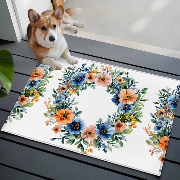 Spring Plant Front Door Rugs 2x3 ft Red Blue Circle Flower Wreath Small Rug for Entryway Non Slip Washable Bathroom Door Mat Absorbent Floor Mat for Indoor Entrance
