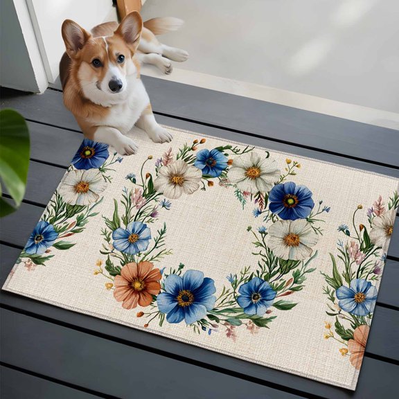 Spring Plant Front Door Rugs 2x3 ft White Blue Circle Flower Linen Texture Small Rug for Entryway Non Slip Washable Bathroom Door Mat Absorbent Floor Mat for Indoor Entrance