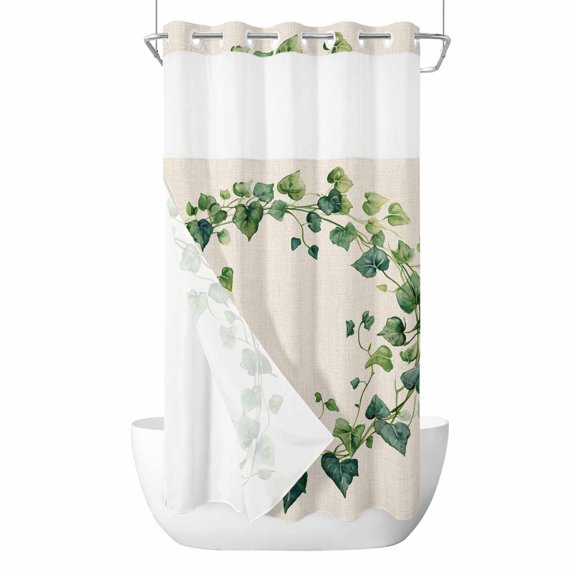 Spring Plant No Hooks Shower Curtain with Snap-in Liner Green Circle Leaf Linen Texture Shower Curtains for Bathroom, Waterproof, Easy Install, Washable 36"x72"