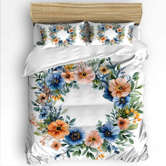 Spring Plant King Size Comforter Set, Red Blue Circle Flower Wreath Soft Bedding for All Seasons, 4 Pcs Bed Set with 1Comforter (90"x106") ,1 Sheet(94"x116"), 2 Pillowcases (19"x35")