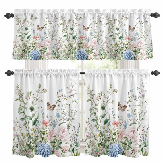 Spring Plant Kitchen Curtains Valances and Tiers Set of 3 Watercolor Blue Pink Floral Butterfly Tier Curtains and Valance with Rod Pocket for Small Windows, 27.5"x24"