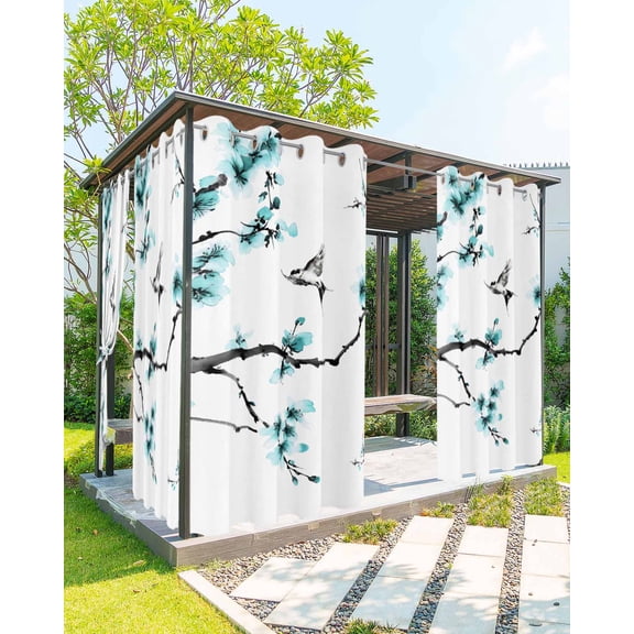 Spring Plant Outdoor Curtains for Patio, Blue Cherry Blossoms Gradient Floral Bird Waterproof Weatherproof Outside Privacy Curtains Outdoor Drapes for Porch Pergola Gazebo 54x95 Inch, 1 Panel