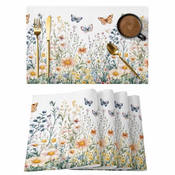 Spring Plant Placemats Set of 2, Watercolor Colorful Daisy Floral Butterfly Non-Slip Place Mats Washable Table Mats for Kitchen Dining Table Decorations Indoor/Outdoor