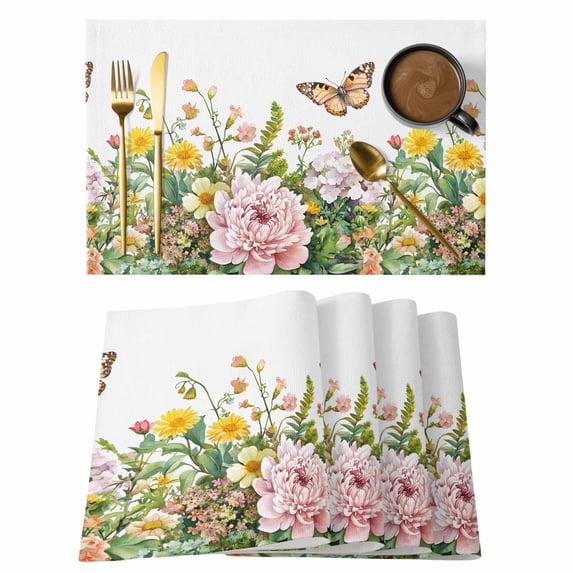 Spring Plant Placemats Set of 6, Watercolor Pink Daisy Flower Butterfly Non-Slip Place Mats Washable Table Mats for Kitchen Dining Table Decorations Indoor/Outdoor