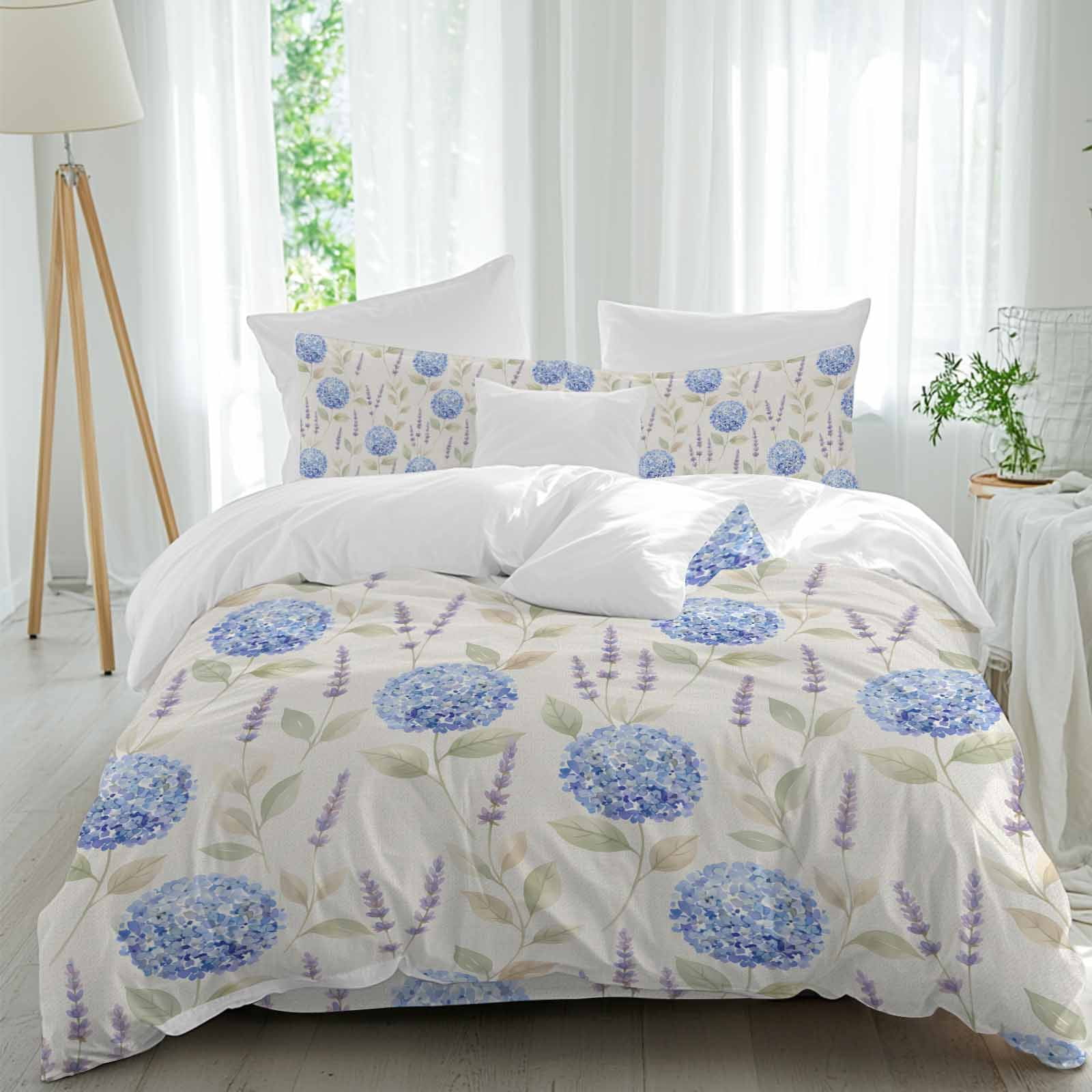 Spring Plant Queen Duvet Cover Set, Blue Hydrangea Purple Lavender Vintage Flower 4 Piece Microfiber Bedding Set with Zipper Closure, Bed Sheet and 2 Pillow Shams, Soft Bedding Cover