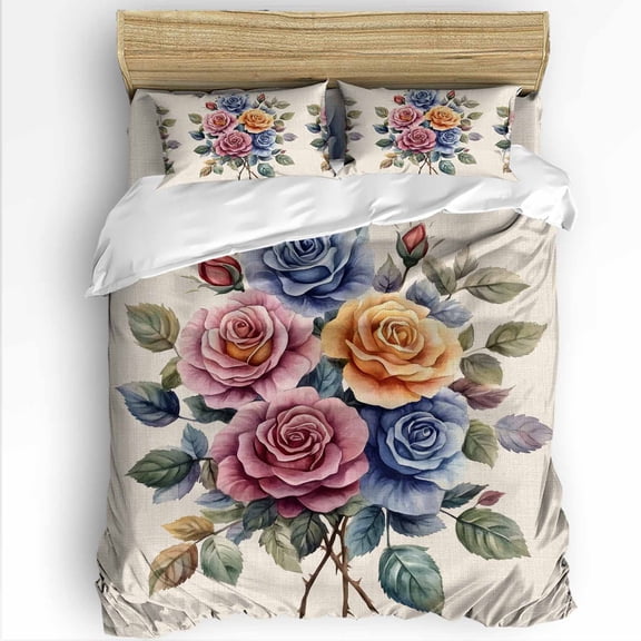 Spring Plant Queen Size Comforter Set, Red Blue Circle Flower Linen Texture Soft Bedding for All Seasons, 4 Pcs Bed Set with 1Comforter (90"x92") ,1 Sheet(94"x116"), 2 Pillowcases (19"x29")