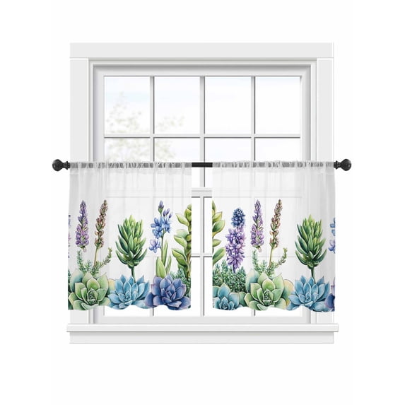 Spring Plant Sheer Curtains 2 Panels Set Retro Country Watercolor Green Blue Purple Plant Sheer Window Curtains Light Filtering Rod Pocket Voile Drapes for Bedroom Living Room 52"x54"
