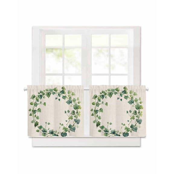 Spring Plant Short Blackout Curtains 30Inch Long Green Circle Leaf Linen Texture Rod Pocket Kitchen Curtains, 2 Panels Thermal Insulated Room Darkening Drapes for Bedroom, 30"W x 30"L