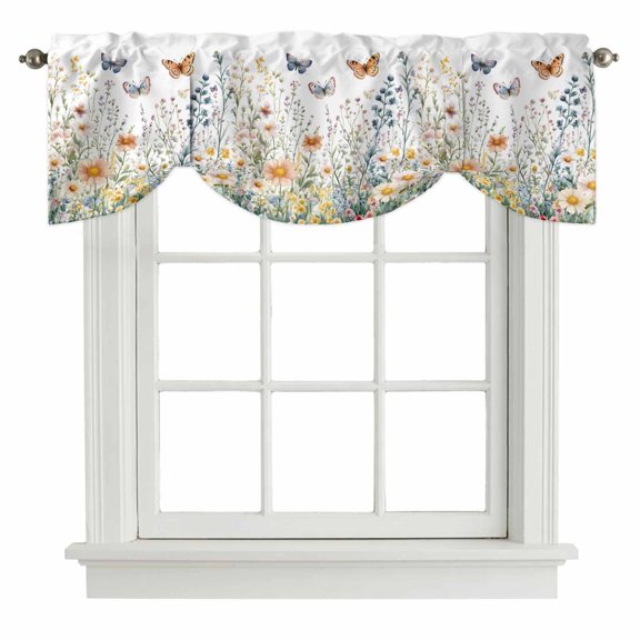 Spring Plant Tie Up Valance Curtains Watercolor Colorful Daisy Floral Butterfly Adjustable Light Filtering Tie Up Valance Small Window Shade for Kitchen Bedroom Cafe 42" W x 12" L