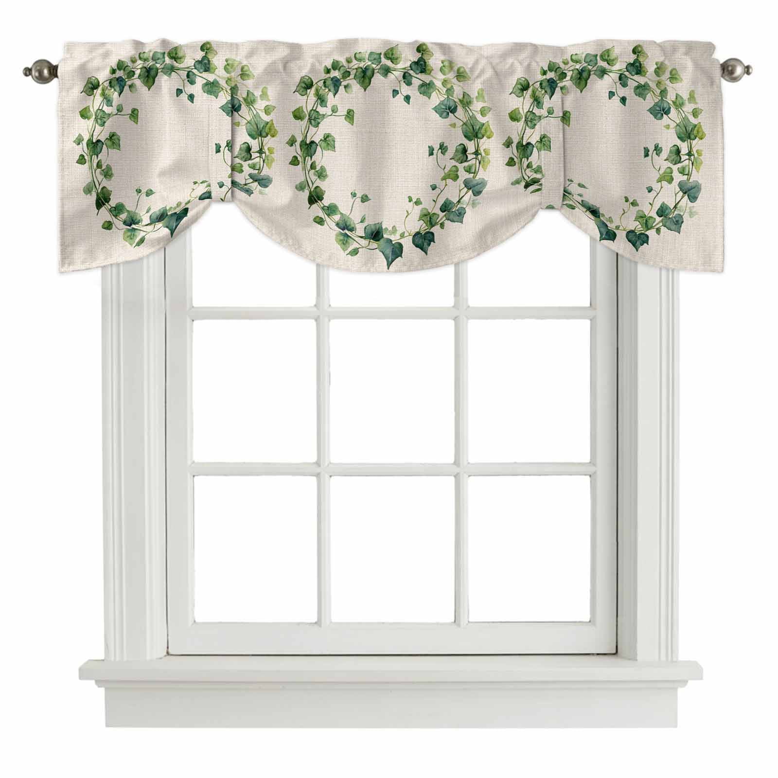 Spring Plant Tie Up Valances Curtain, Green Circle Leaf Linen Texture Adjustable Rod Pocket Short Window Treatment Tie Up Curtains Valances for Kitchen Living Room Bathroom 60x18 Inches