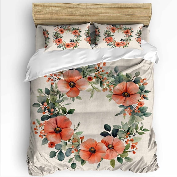 Spring Plant Twin Size Comforter Set, Red Circle Flower Linen Texture Soft Bedding for All Seasons, 4 Pcs Bed Set with 1 Comforter (68"x86") ,1Sheet(66"x116"), 2 Pillowcases (19"x29")