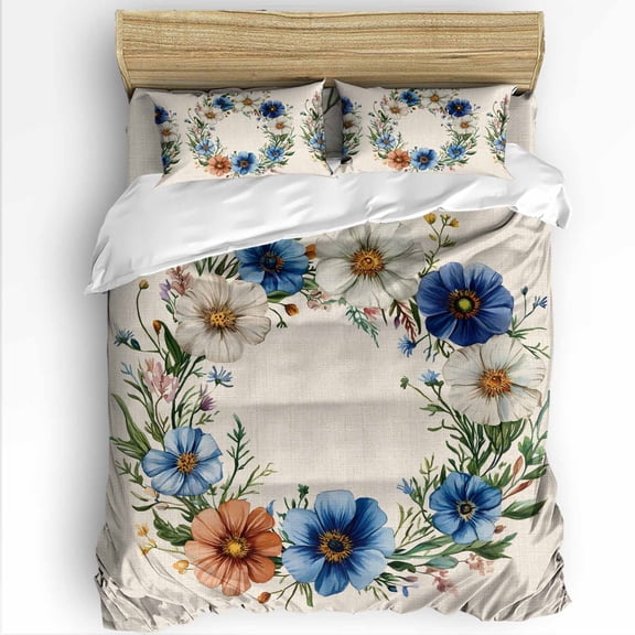 Spring Plant Twin Size Comforter Set, White Blue Circle Flower Linen Texture Soft Bedding for All Seasons, 4 Pcs Bed Set with 1 Comforter (68"x86") ,1Sheet(66"x116"), 2 Pillowcases (19"x29")
