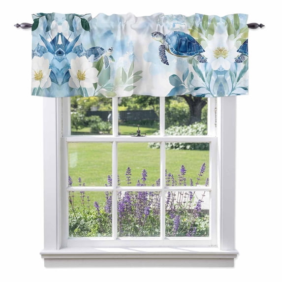 Spring Plant Valance Curtain Retro Sea Turtles White Floral Leaf Blue Theme Window Valances Rod Pocket Short Curtains Window Treatments for Kitchen Bedroom Bathroom Laundry 56" x 16"