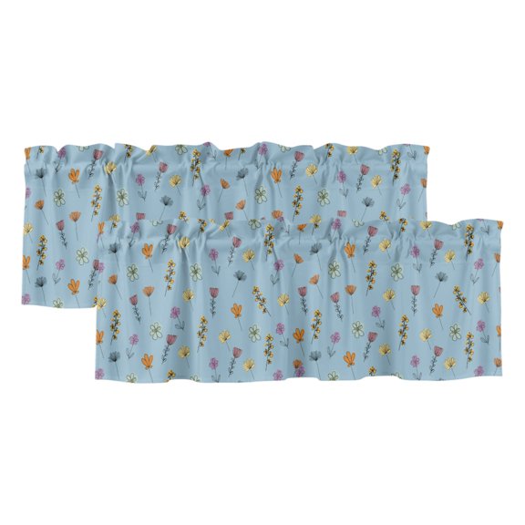 Spring Plants 2 Panels Kitchen Valance, Yellow Pink Purple Flower Cartoon Blue Background Curtains Valances for Small Windows Rod Pocket Window Treatments for Living Room Bedroom 42" W x 12" L