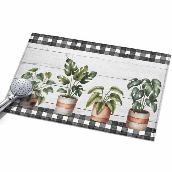 Spring Plants 2x3ft Non Slip Area Rug Green Potted Plants Leaves Black Plaid Plank Washable Soft Area Rugs for Living Room, Indoor Circle Carpet for Bedroom Dining Room Kitchen