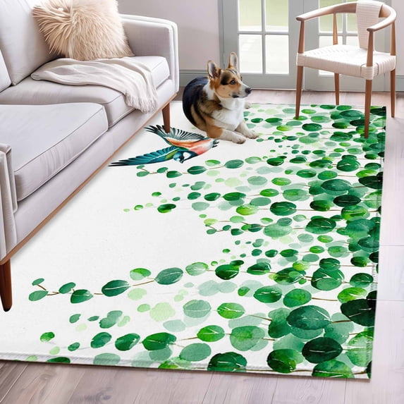 Spring Plants Area Rugs 3x5 ft Watercolor Bird Gradient Green Eucalyptus Leaves Washable Rug Non Slip Indoor Carpet Absorbent Floor Mat for Living Room Bedroom Dining Room