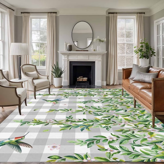 Spring Plants Area Rugs 8'x10', Washable Small Throw Rugs for Living Room Patio, Watercolor Leaves Birds Flowers Gray Plaid Indoor Outdoor Rug Non-Slip Low Pile Carpet Runner Reversible Floor Mats