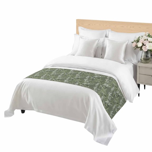 Spring Plants Bed Runner Twin Size Dark Green White Leaves Modern Style Soft Bed Scarf for Foot of Bed, Decorative Bedding Scarf Protection for Hotel Home Bedroom 71 x 20 Inch