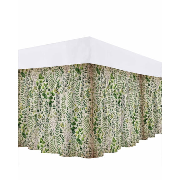 Spring Plants Bed Skirt Queen Size 18 Inch Drop, Watercolor Gradient Green Eucalyptus Leaf Plant Paper Adjustable Elastic Dust Ruffles Bedskirt for Queen Bed Wrap Around Pleated Mattress Frame Cover