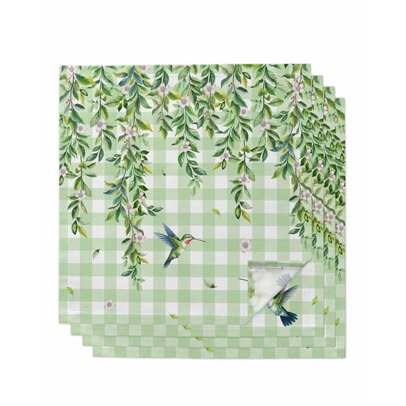 Spring Plants Cloth Napkins Set of 4 Reusable Dinner Napkins, Watercolor Birds Leaves Flowers Green Plaid Cocktail Napkin Washable Table Napkins for Wedding/Holiday Party/Baby Shower 20"x20"