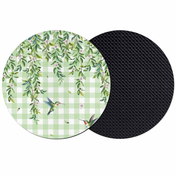 Spring Plants Coasters Set of 2, Absorbent Coasters for Drinks, Watercolor Birds Leaves Flowers Green Plaid Coaster for Desk Coffee Table Protection, Home Decor House Warming Gifts 4"