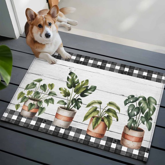 Spring Plants Front Door Rugs 2x3 ft Green Potted Plants Leaves Black Plaid Plank Small Rug for Entryway Non Slip Washable Bathroom Door Mat Absorbent Floor Mat for Indoor Entrance