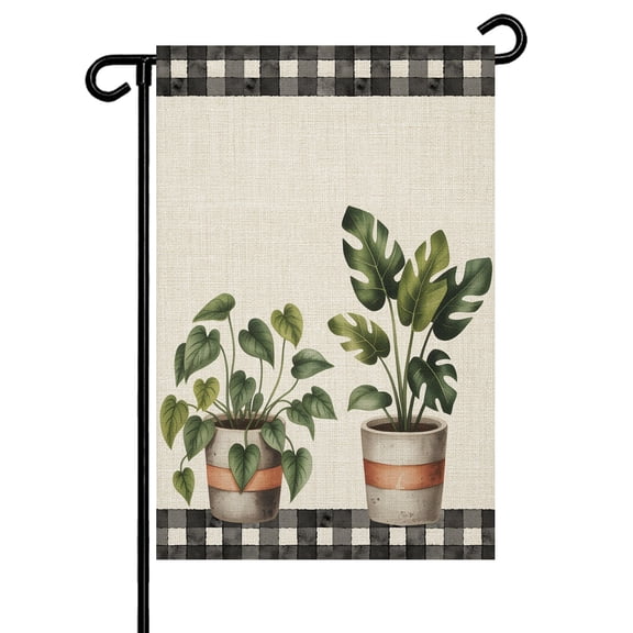 Spring Plants Garden Flag 12x18 Inch Green Potted Plants Leaves Black Plaid Linen Double Sided Small Decorative Garden Flags for Outside, Outdoor Yard Porch Lawn Decoration