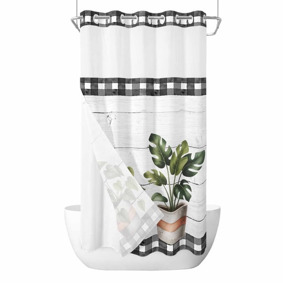 Spring Plants No Hooks Shower Curtain with Snap-in Liner Green Potted Plants Leaves Black Plaid Plank Shower Curtains for Bathroom, Waterproof, Easy Install, Washable 36"x72"