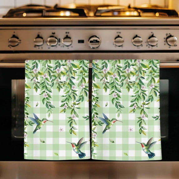 Spring Plants Kitchen Towels Set of 3, Watercolor Birds Leaves Flowers Green Plaid Absorbent Dish Towels for Kitchen, Microfiber Hand Towel, Quick Drying Tea Towel for Cleaning Decorative Dishcloths
