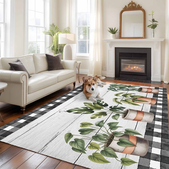 Spring Plants Large Area Rugs 5x8 ft Green Potted Plants Leaves Black Plaid Plank Washable Rug Non Slip Indoor Carpet Absorbent Floor Mat for Living Room Bedroom Dining Room
