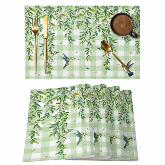 Spring Plants Placemats Set of 4, Watercolor Birds Leaves Flowers Green Plaid Placemats for Dining Table, Place Mats for Kitchen Tabletop, Waterproof Wipeable Dining Table Mats Set