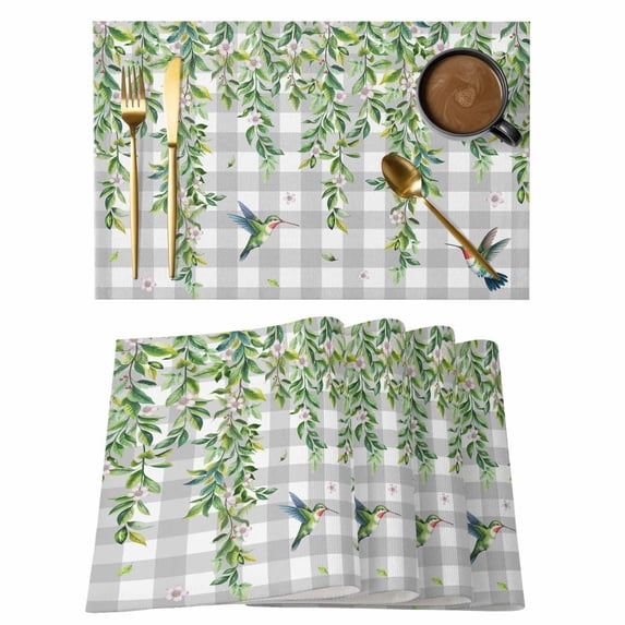 Spring Plants Placemats Set of 6, Watercolor Leaves Birds Flowers Gray Plaid Placemats for Dining Table, Place Mats for Kitchen Tabletop, Waterproof Wipeable Dining Table Mats Set