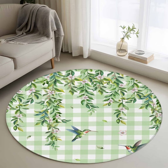 Spring Plants Round Area Rug 4Ft Washable Circle Rugs for Bedroom Dining Room, Watercolor Birds Leaves Flowers Green Plaid Non-Slip Carpet Floor Mats Indoor Outdoor Carpet Runner Aesthetic Home Decor