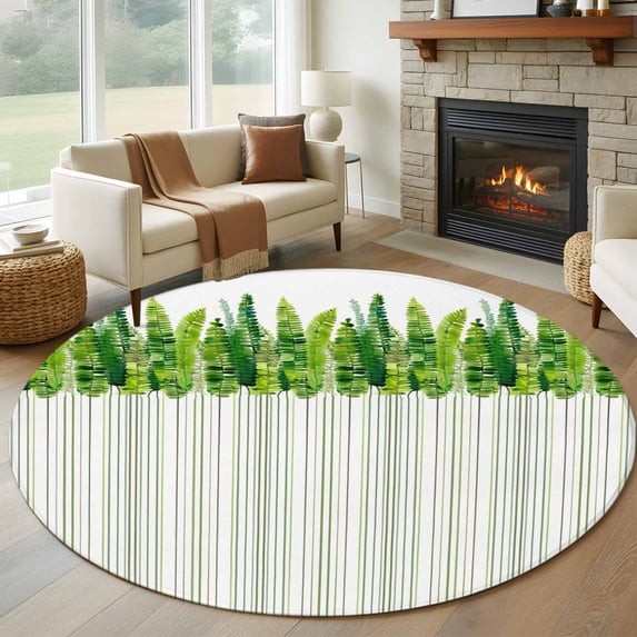 Spring Plants Round Rug 5ft Washable Circle Kitchen Rugs Non Slip Modern Minimalist Leaves Lines Green Large Area Rug Indoor Floor Carpet for Bedroom Living Room Home Office Dining Room Nursery