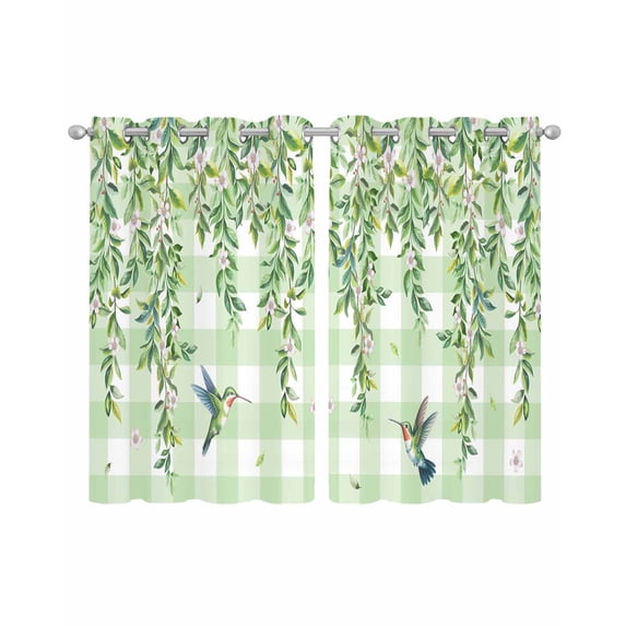 Spring Plants Sheer Curtains 45 Inch Length 2 Panels Set for Living Room/Bedroom, Watercolor Birds Leaves Flowers Green Plaid Kitchen Curtains Grommet Semi-Sheer Curtains Window Treatments 42"x45"x2