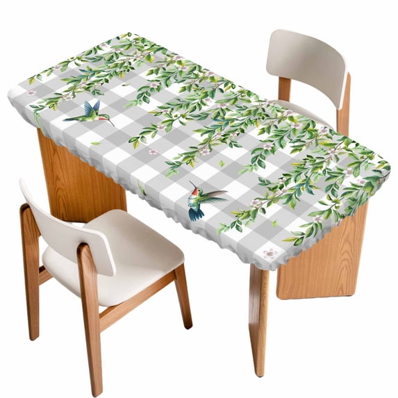 Spring Plants Table Cloths for 3 Foot Rectangle Tables, Watercolor Leaves Birds Flowers Gray Plaid Patio Waterproof Elastic Fitted Tablecloths, Washable Rectangular Table Cover for Camping