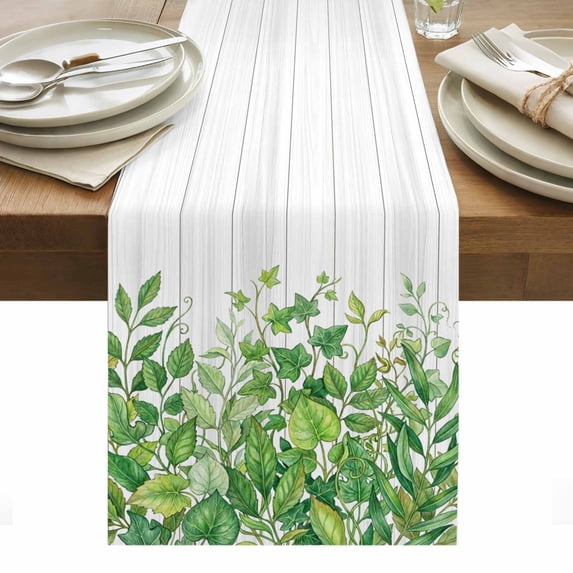 Spring Plants Table Runner Watercolor Leaves Green Abstract Heart White Wood Grain Table Runners Dresser Scarves Holiday Kitchen Dining Table Decoration for Home Party Indoor 13x90 Inch