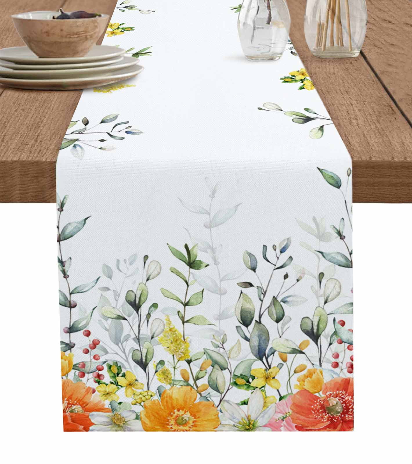 Spring Plants Wildflowers Leaves Linen Table Runners Kitchen Table