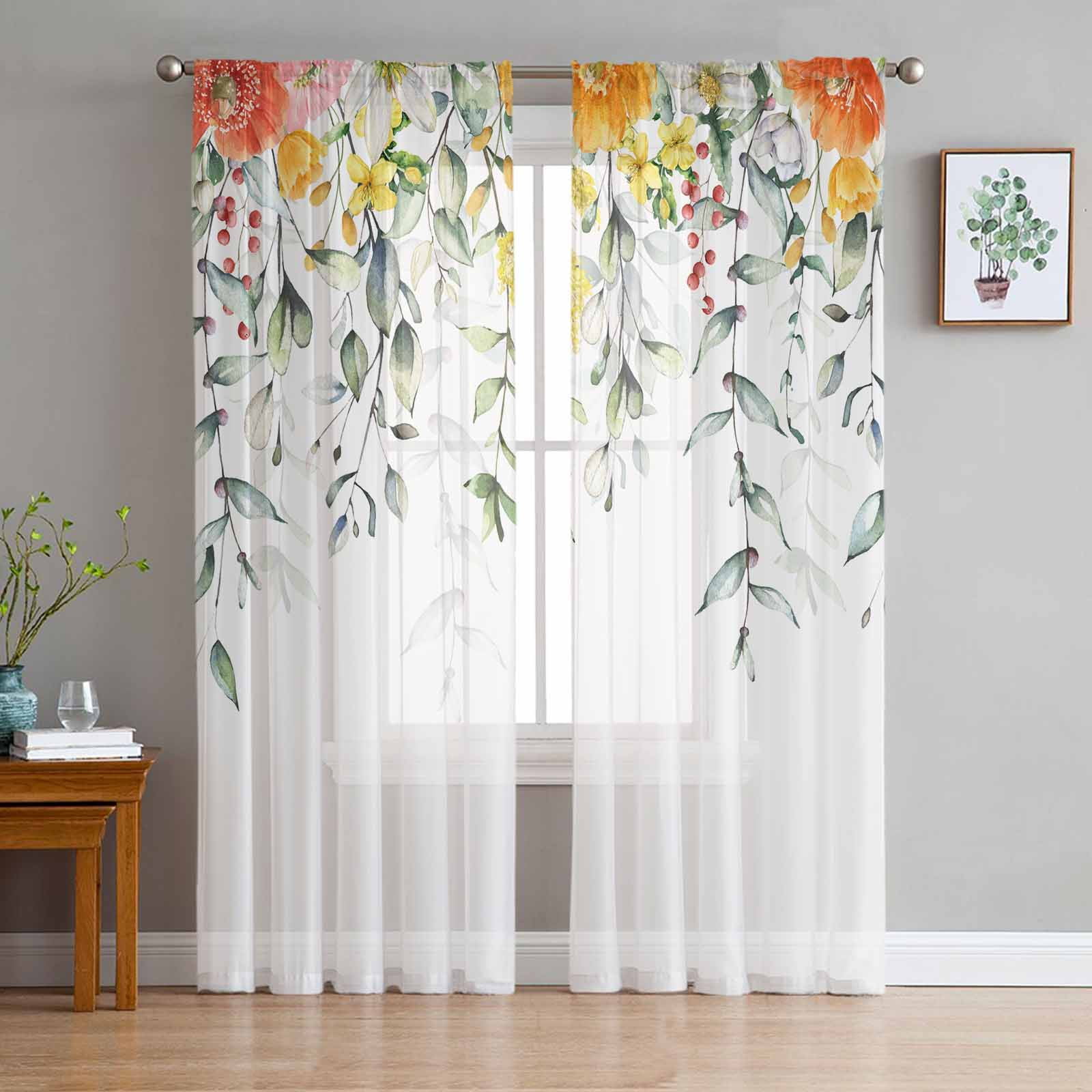 Spring Plants Wildflowers Leaves Voile Curtains for Bedroom Window ...