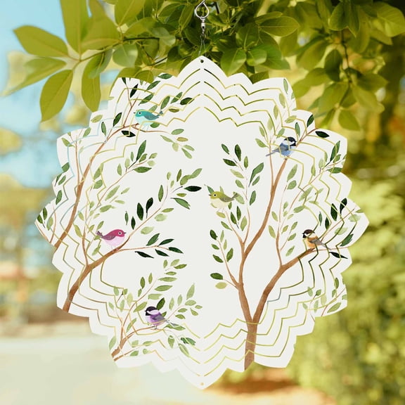 Spring Plants Wind Spinner for Garden Yard 8In, Watercolor Tree Funny Birds Brown Branches Farmhouse 3D Stainless Steel Kinetic Hanging Wind Spinners Rustproof Outdoor Decor for Lawn Patio Home