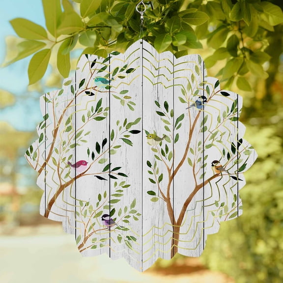 Spring Plants Wind Spinner for Garden Yard 8In, Watercolor Tree Funny Birds Brown Branches Wood Grain 3D Stainless Steel Kinetic Hanging Wind Spinners Rustproof Outdoor Decor for Lawn Patio Home