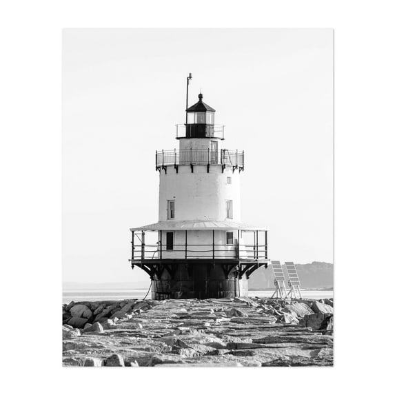 Spring Point Ledge Lighthouse B&W - South Portland Maine Photography Lighthouse Black and White Coastal Architecture Minimalist Ocean Scenic Unframed Wall Art Print 6 x 8 inches