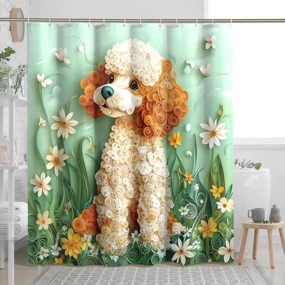 Spring Poodle Shower Curtain Set with Hooks, Funny Puppy and Floral ...