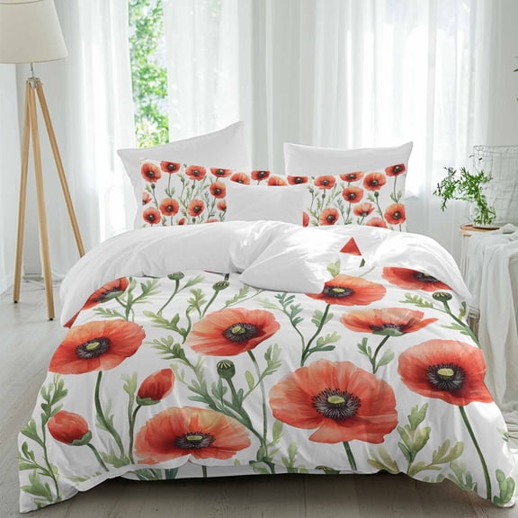 Spring Poppy Comforter Set Full Size, Red Flowers Bud Vintage Rustic Soft Bedding Set for Man Woman, 4 Pieces Duvet Cover Set with Fitted Sheet, 2 Pillowcases